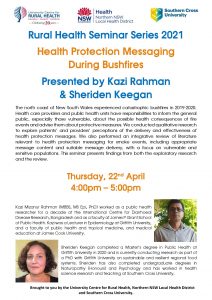 Research Seminar Series - Health Protection Messaging During Bushfires | Presented by Kazi Rahman & Sheriden Keegan @ University Centre for Rural Health